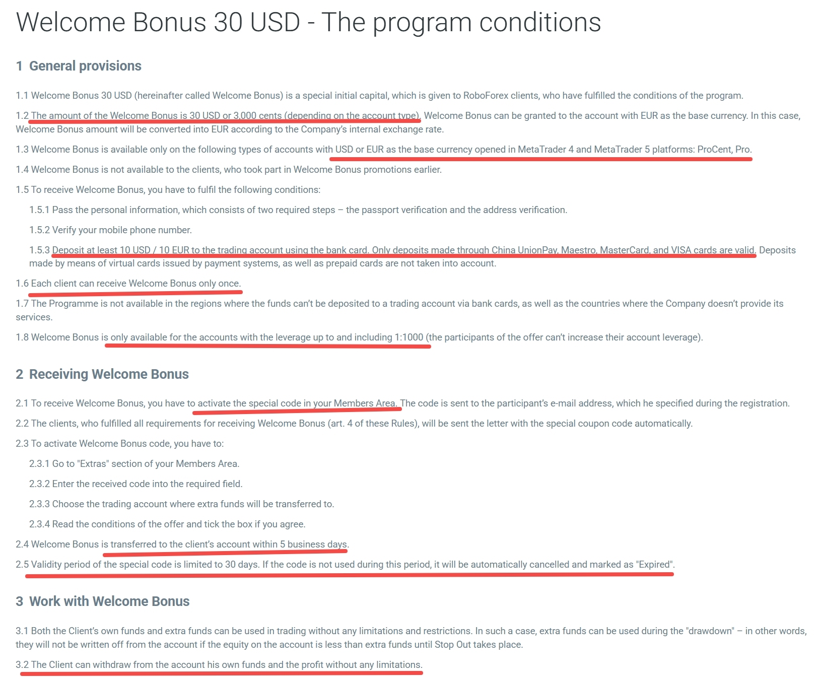 RoboForex welcome bonus rules